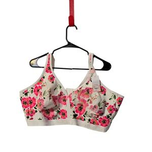 Cacique Lane Bryant Floral Wire-Free Bralette White Pink 50DDD 109049 NEW